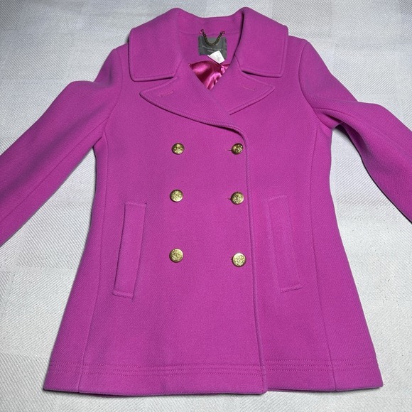 J Crew Majesty Peacoat Womens 4 Pink Stadium Cloth Wool Gold Double Breasted - Picture 2 of 15